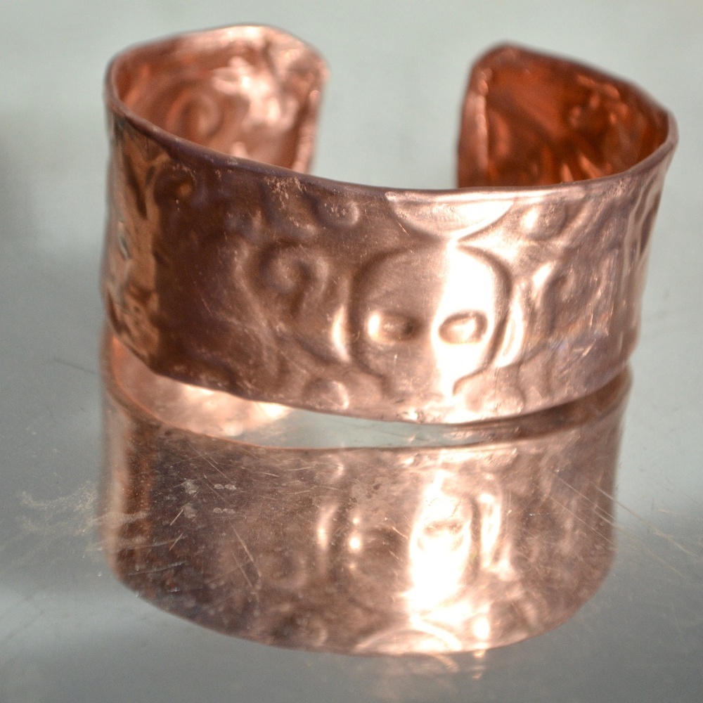 Mens Copper Embossed Skull Cuff Bracelet Handmade Artisan Gift Biker Rustic